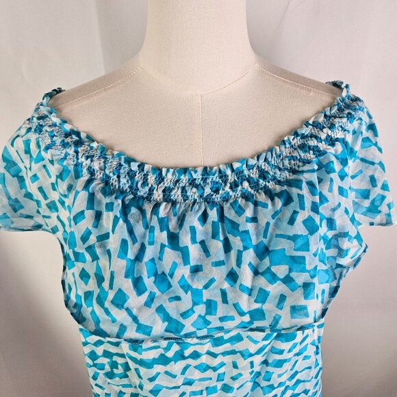 Michael Kors Blue Patterned Off-Shoulder Top Medium Cotton Silk Blend - Picture 2 of 9